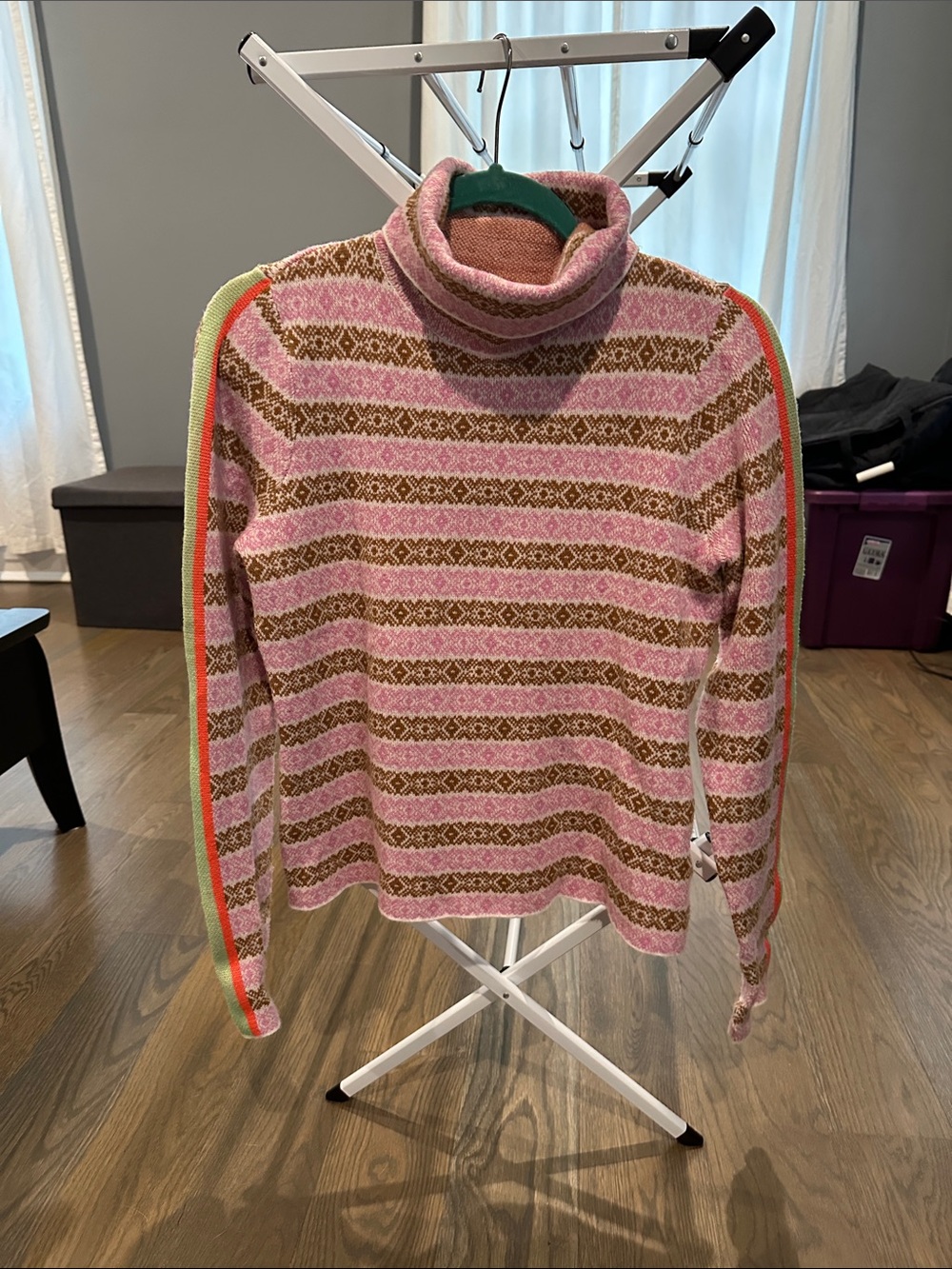 Pink Patterned Turtleneck Sweater with Contrast Stripes by Maeve for Anthro